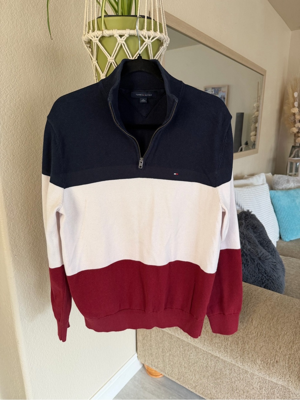 Tommy Hilfiger Men’s Colorblock Half-Zip Sweater - Navy/White/Burgundy